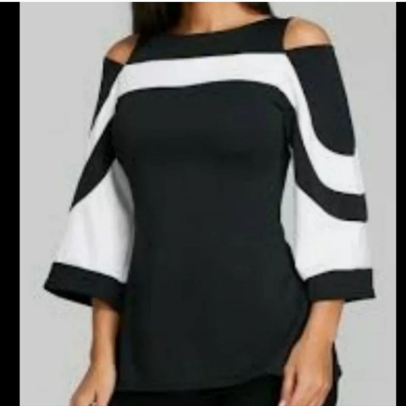 BOSTON PROPER BELL SLEEVE COLD SHOULDER TOP BLACK WHITE TUNIC STYLE S - Picture 9 of 9